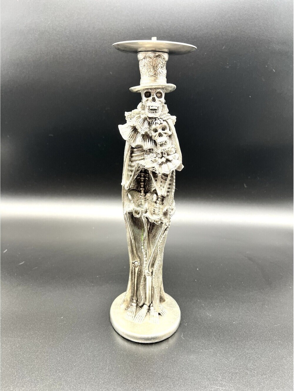 SKELETON Bride And Groom Tall 12 In Silver Metal Candleholder Halloween